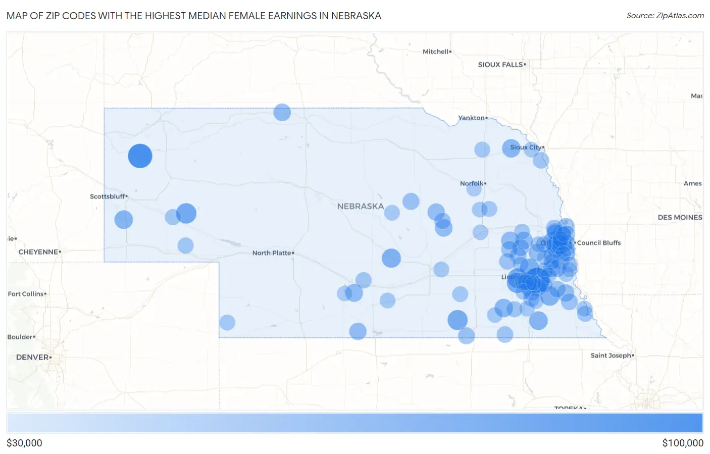 Zip Codes with the Highest Median Female Earnings in Nebraska Map