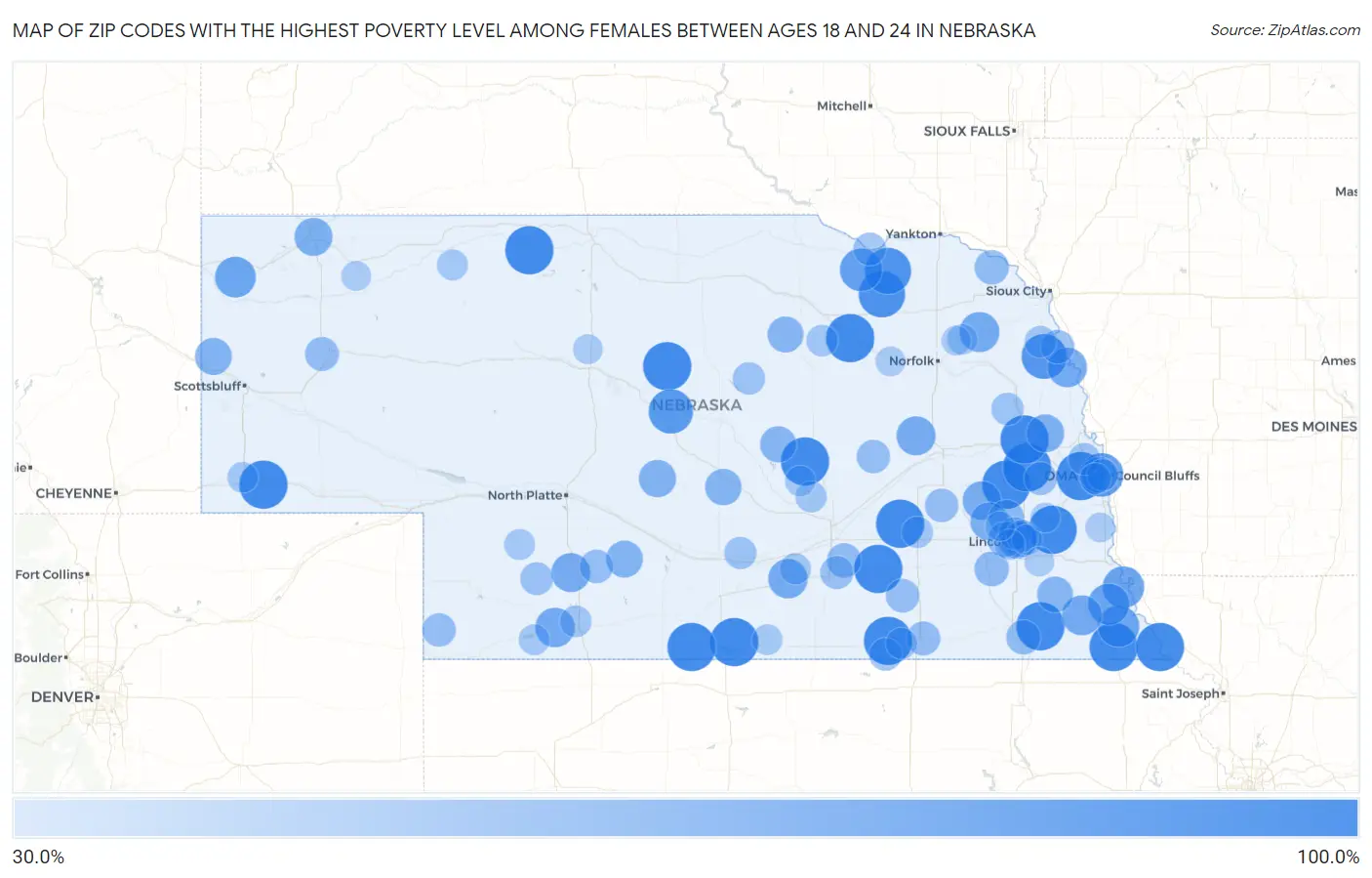 Zip Codes with the Highest Poverty Level Among Females Between Ages 18 and 24 in Nebraska Map