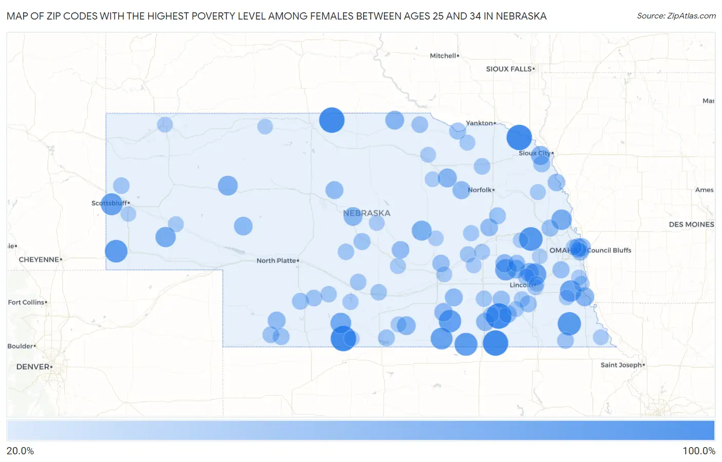 Zip Codes with the Highest Poverty Level Among Females Between Ages 25 and 34 in Nebraska Map