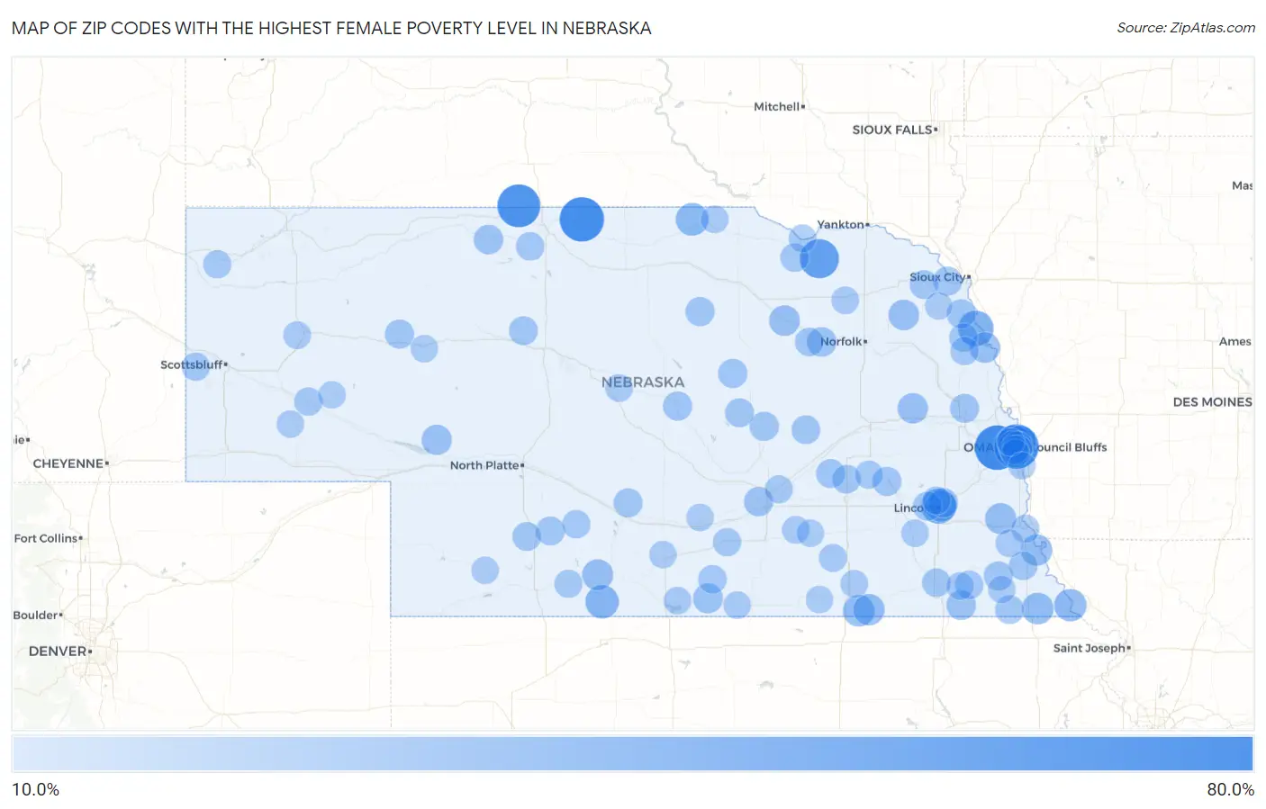 Zip Codes with the Highest Female Poverty Level in Nebraska Map