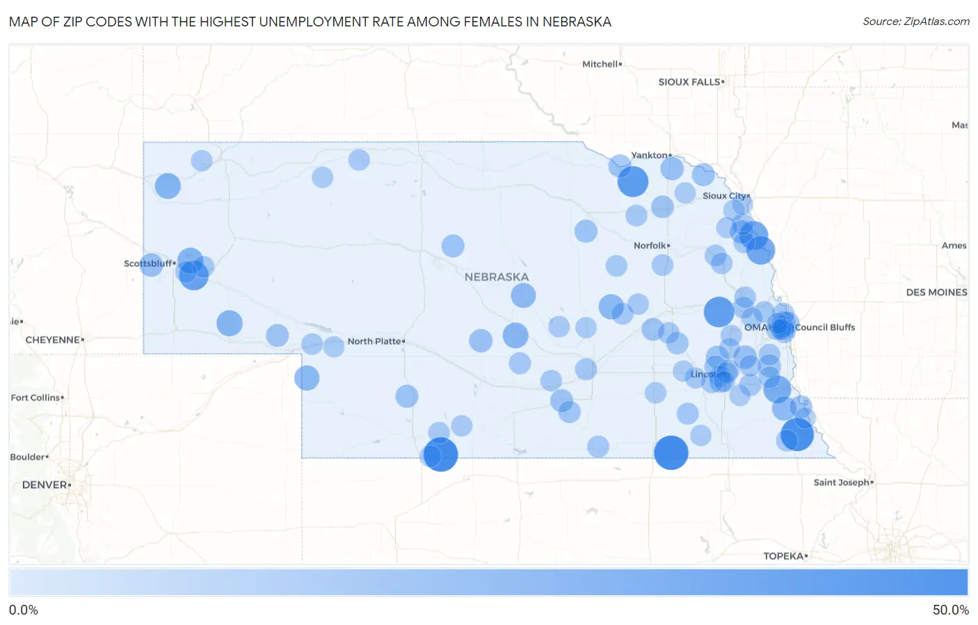 Zip Codes with the Highest Unemployment Rate Among Females in Nebraska Map