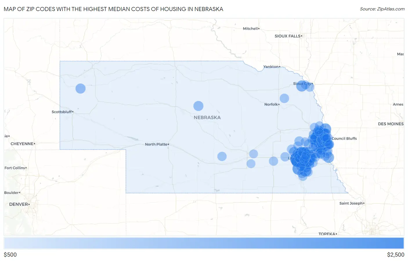 Zip Codes with the Highest Median Costs of Housing in Nebraska Map