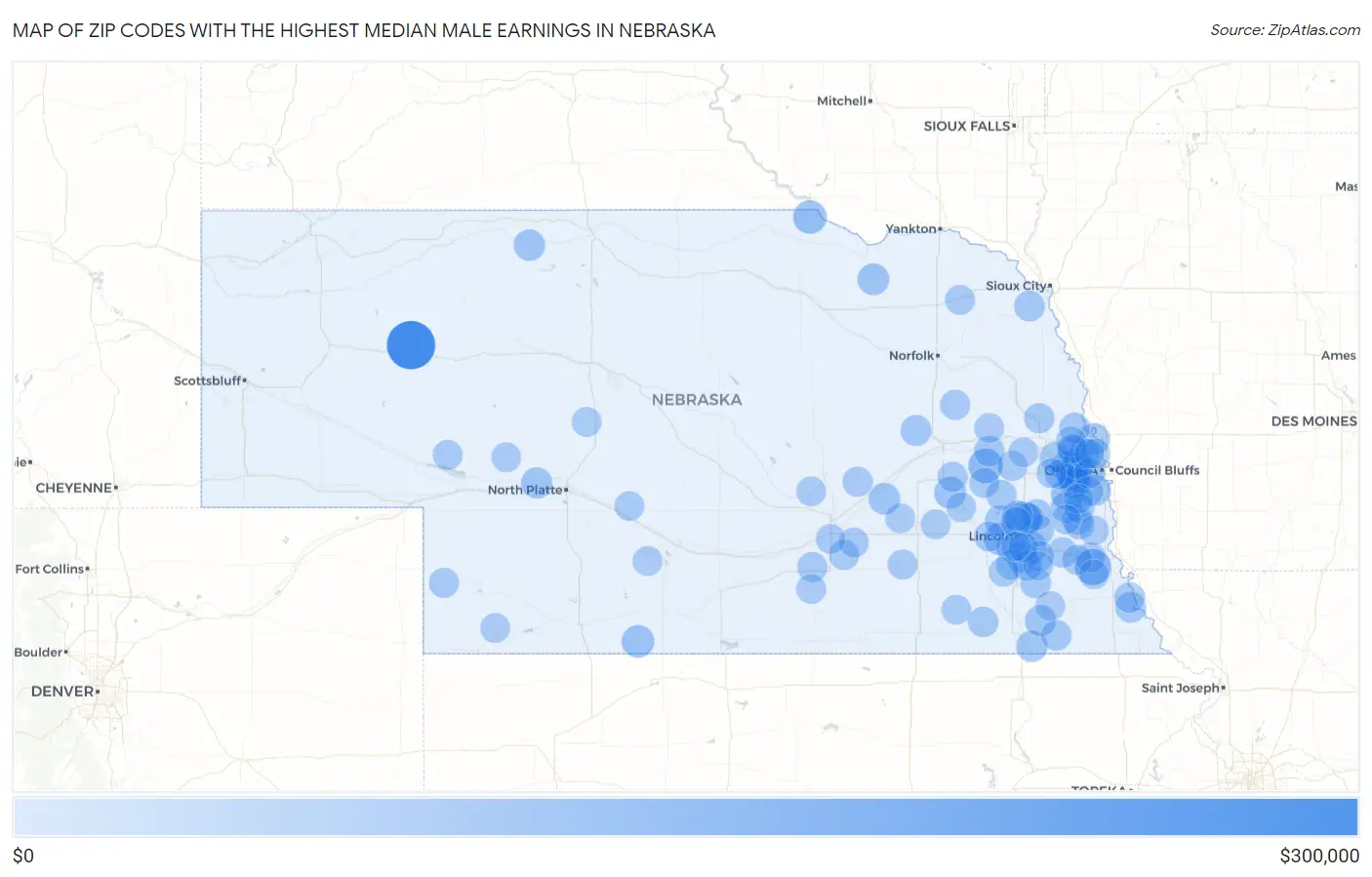 Zip Codes with the Highest Median Male Earnings in Nebraska Map