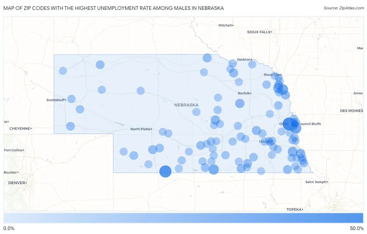 Zip Codes with the Highest Unemployment Rate Among Males in Nebraska Map