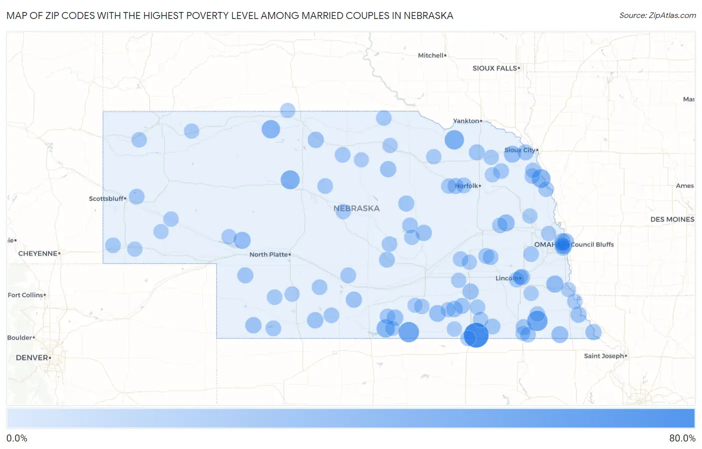 Zip Codes with the Highest Poverty Level Among Married Couples in Nebraska Map