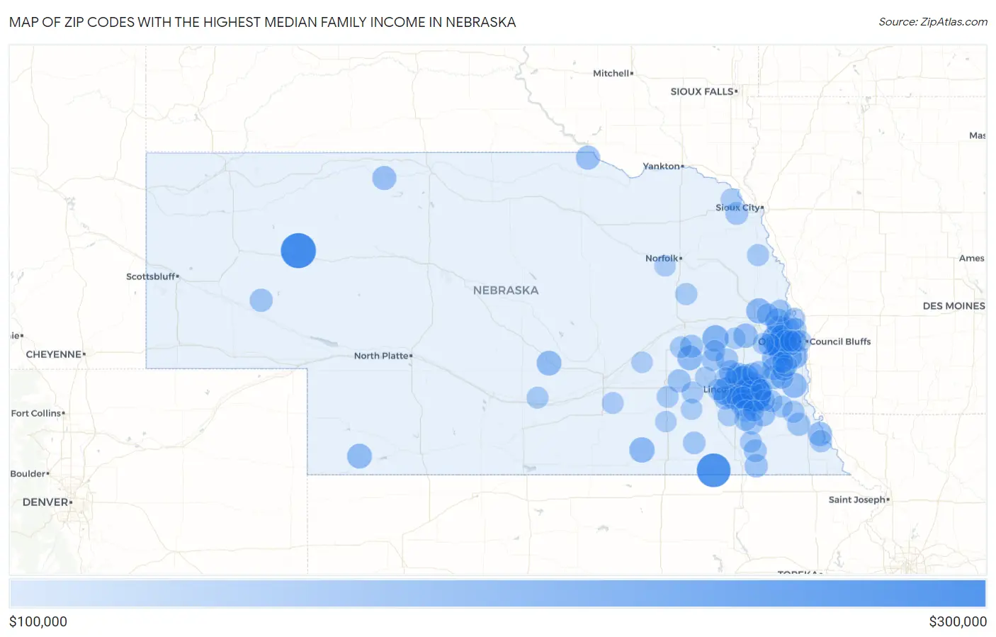 Zip Codes with the Highest Median Family Income in Nebraska Map