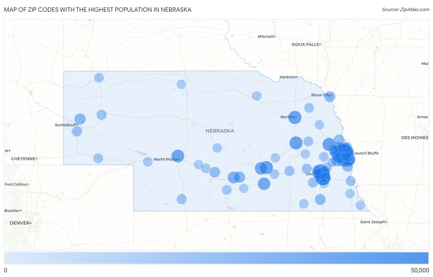 Zip Codes with the Highest Population in Nebraska Map