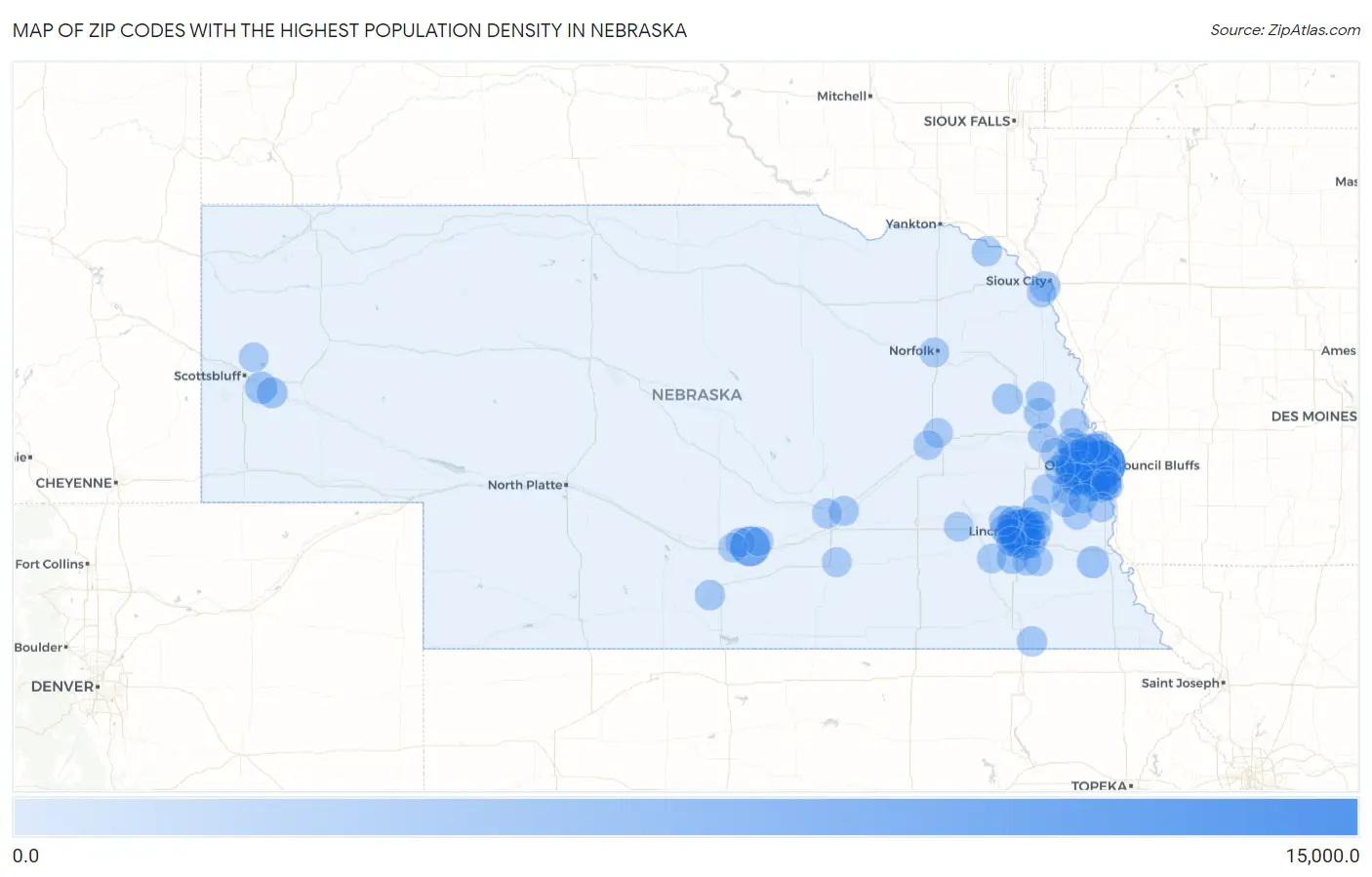 Zip Codes with the Highest Population Density in Nebraska Map