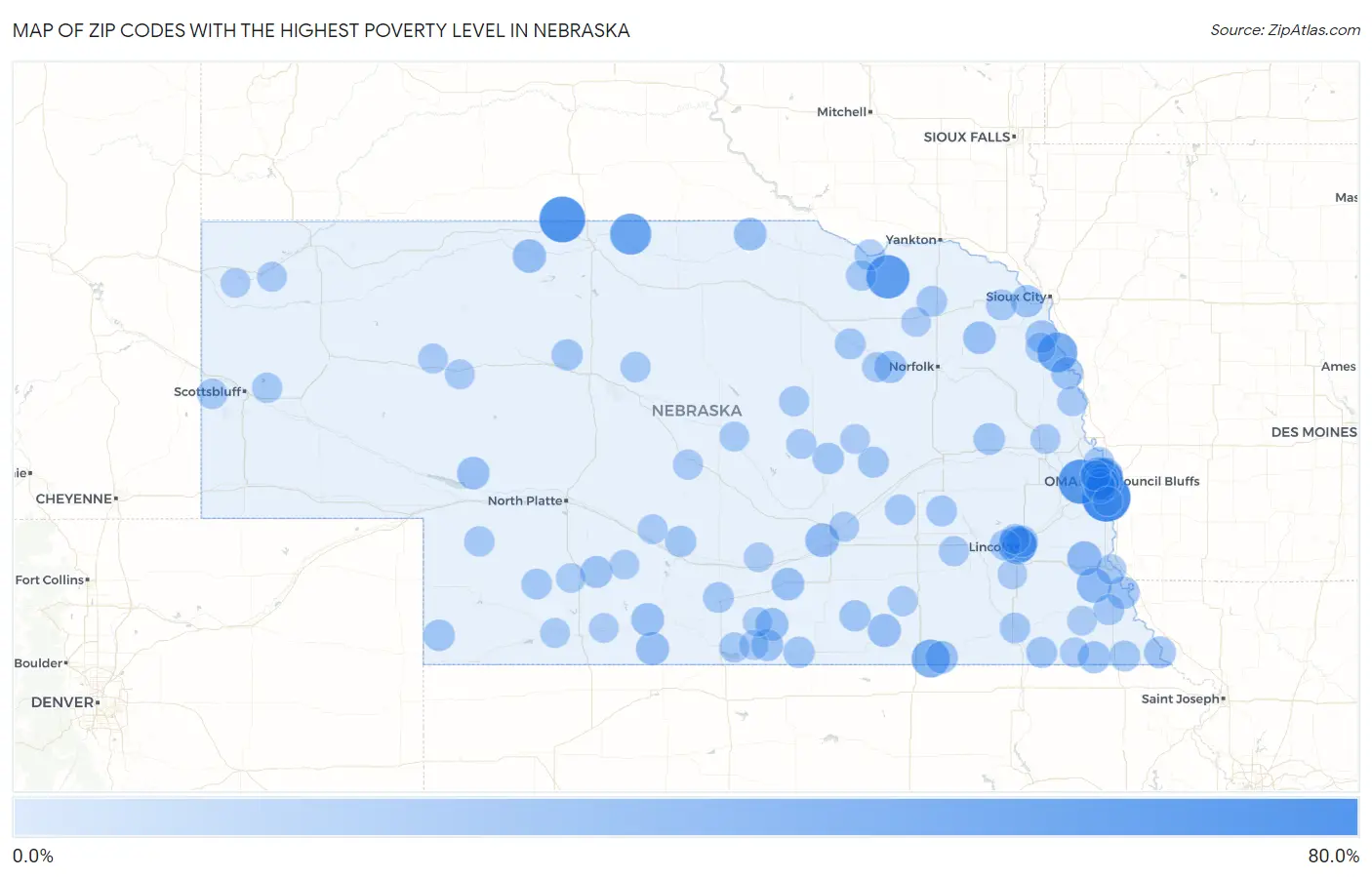 Zip Codes with the Highest Poverty Level in Nebraska Map