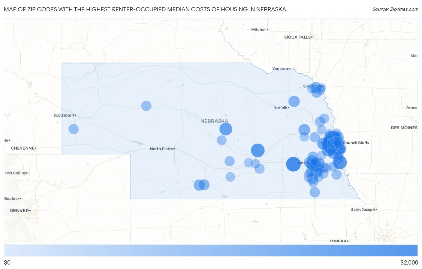 Zip Codes with the Highest Renter-Occupied Median Costs of Housing in Nebraska Map