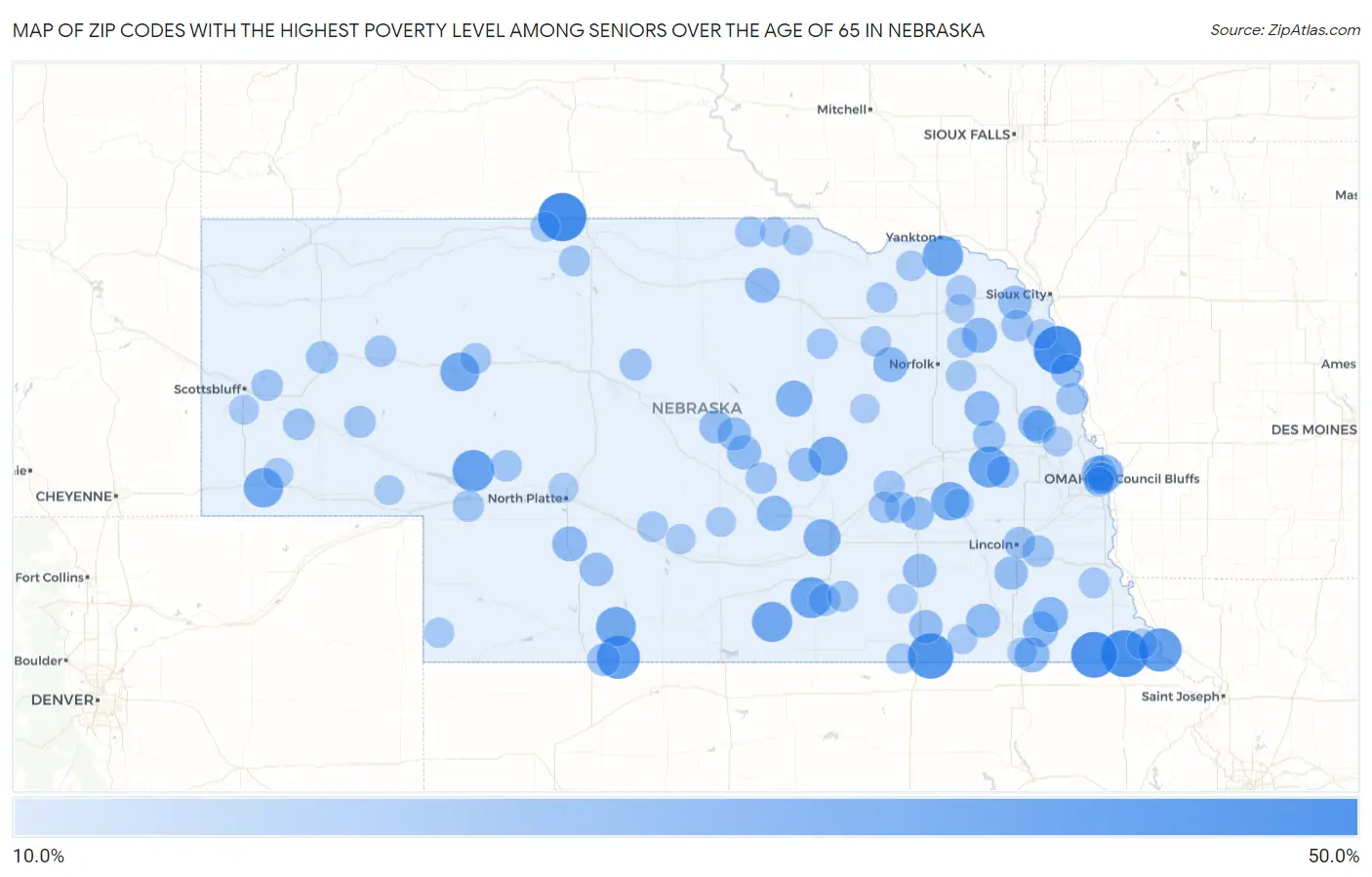 Zip Codes with the Highest Poverty Level Among Seniors Over the Age of 65 in Nebraska Map