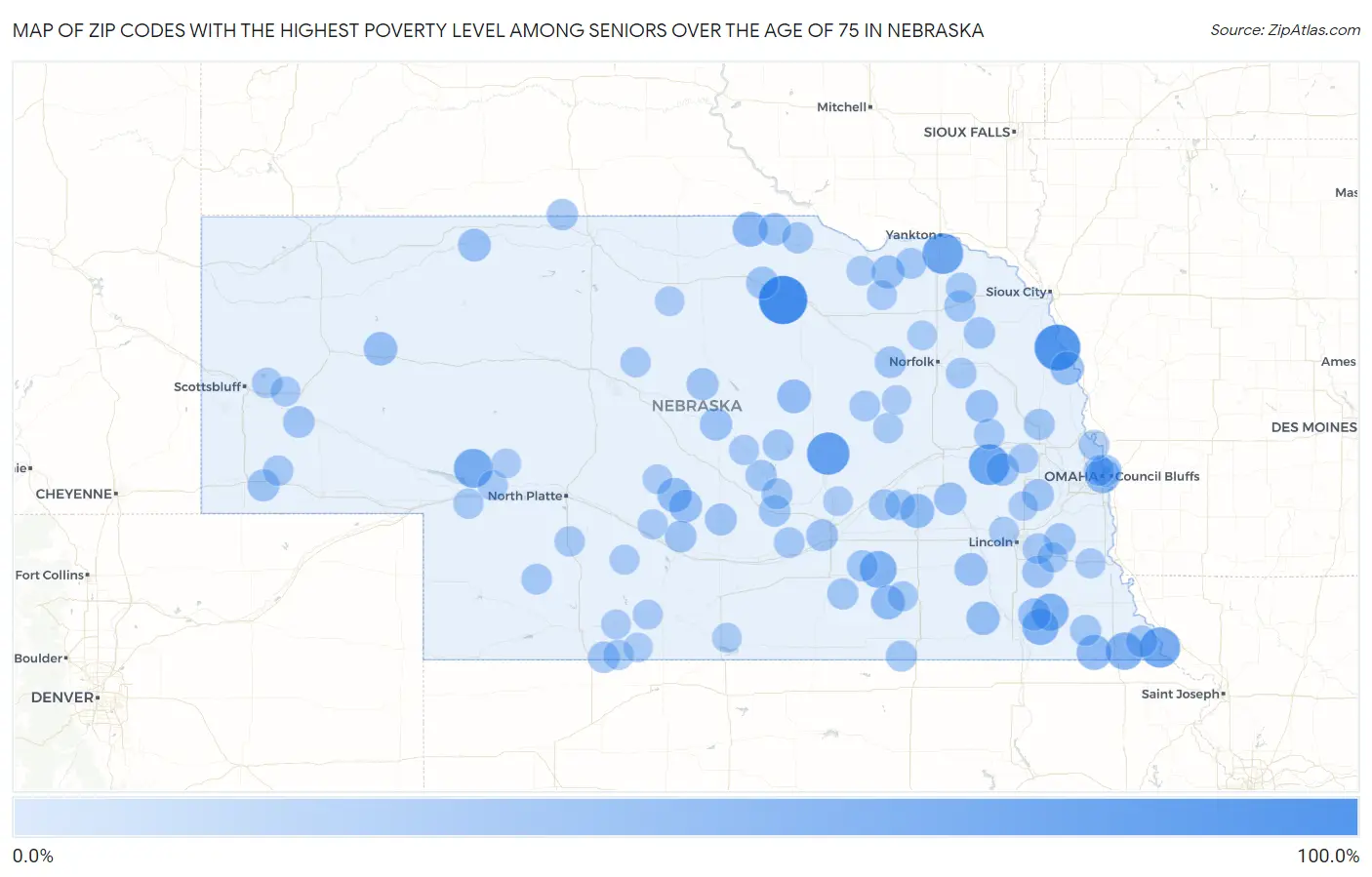 Zip Codes with the Highest Poverty Level Among Seniors Over the Age of 75 in Nebraska Map