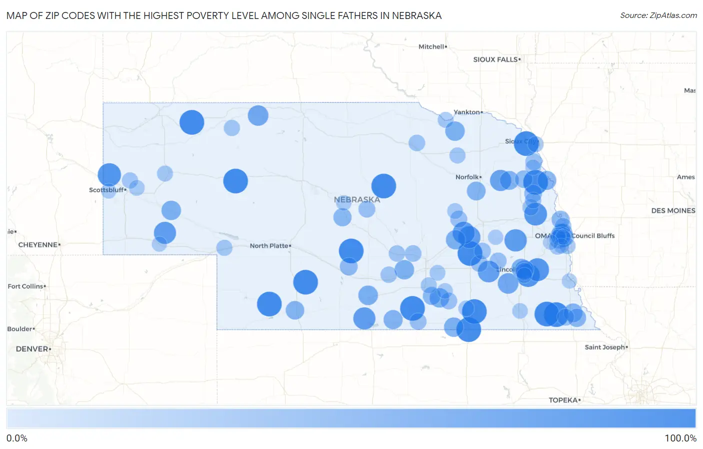 Zip Codes with the Highest Poverty Level Among Single Fathers in Nebraska Map