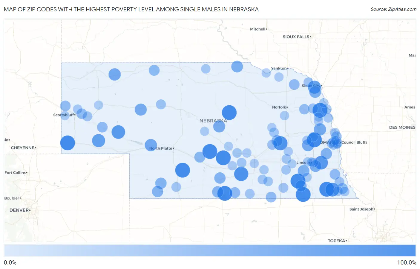 Zip Codes with the Highest Poverty Level Among Single Males in Nebraska Map