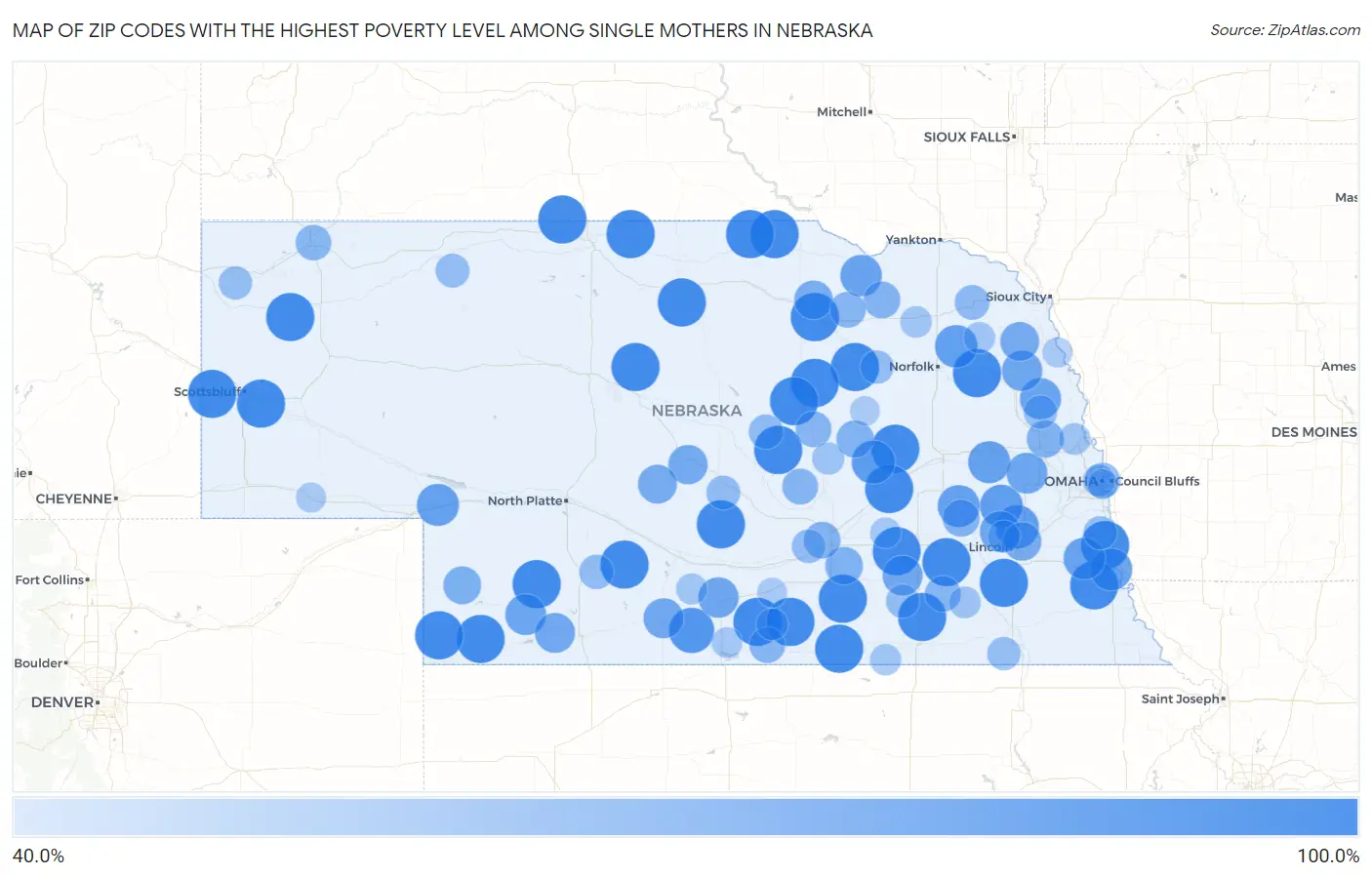 Zip Codes with the Highest Poverty Level Among Single Mothers in Nebraska Map