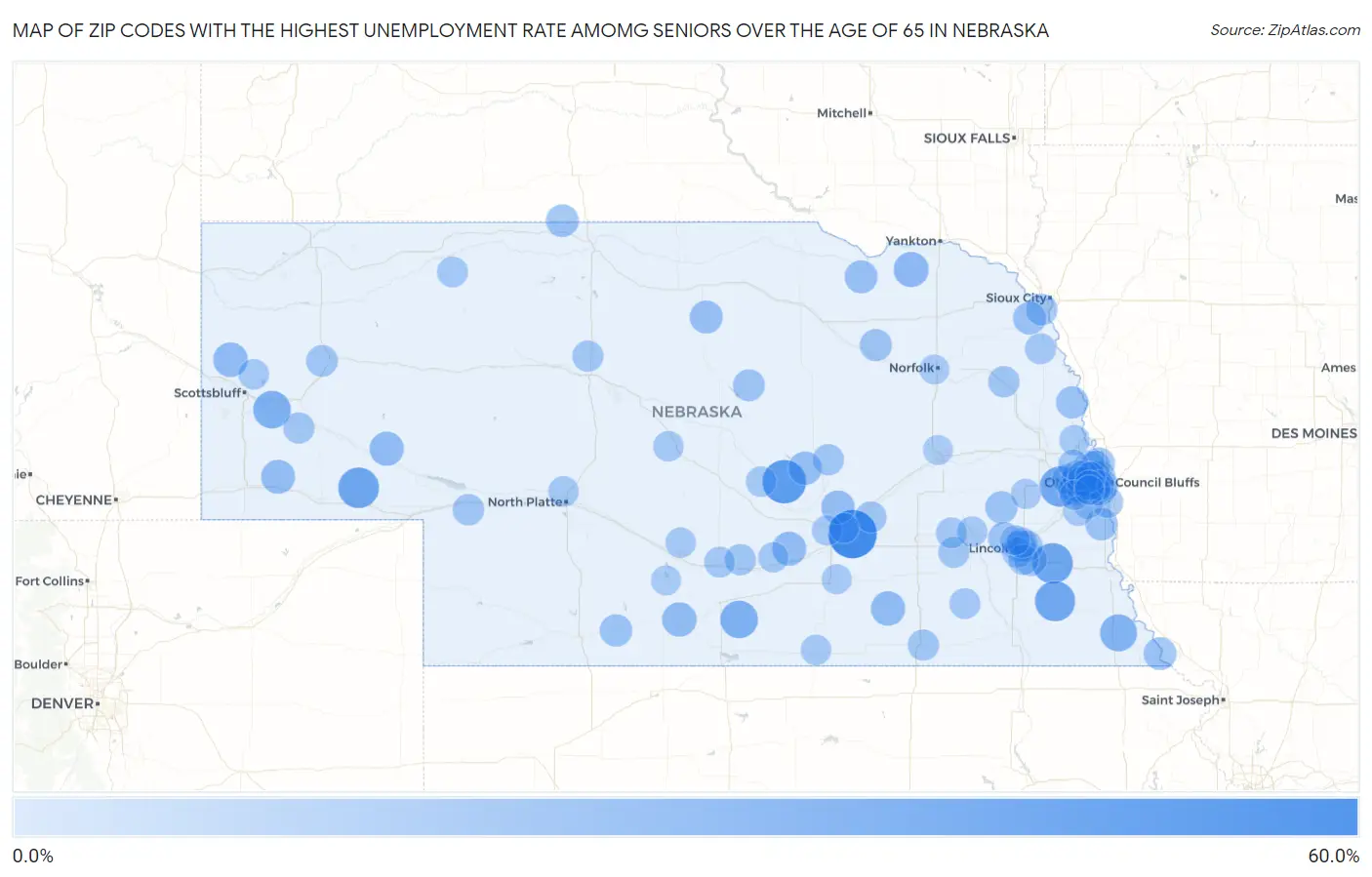 Zip Codes with the Highest Unemployment Rate Amomg Seniors Over the Age of 65 in Nebraska Map