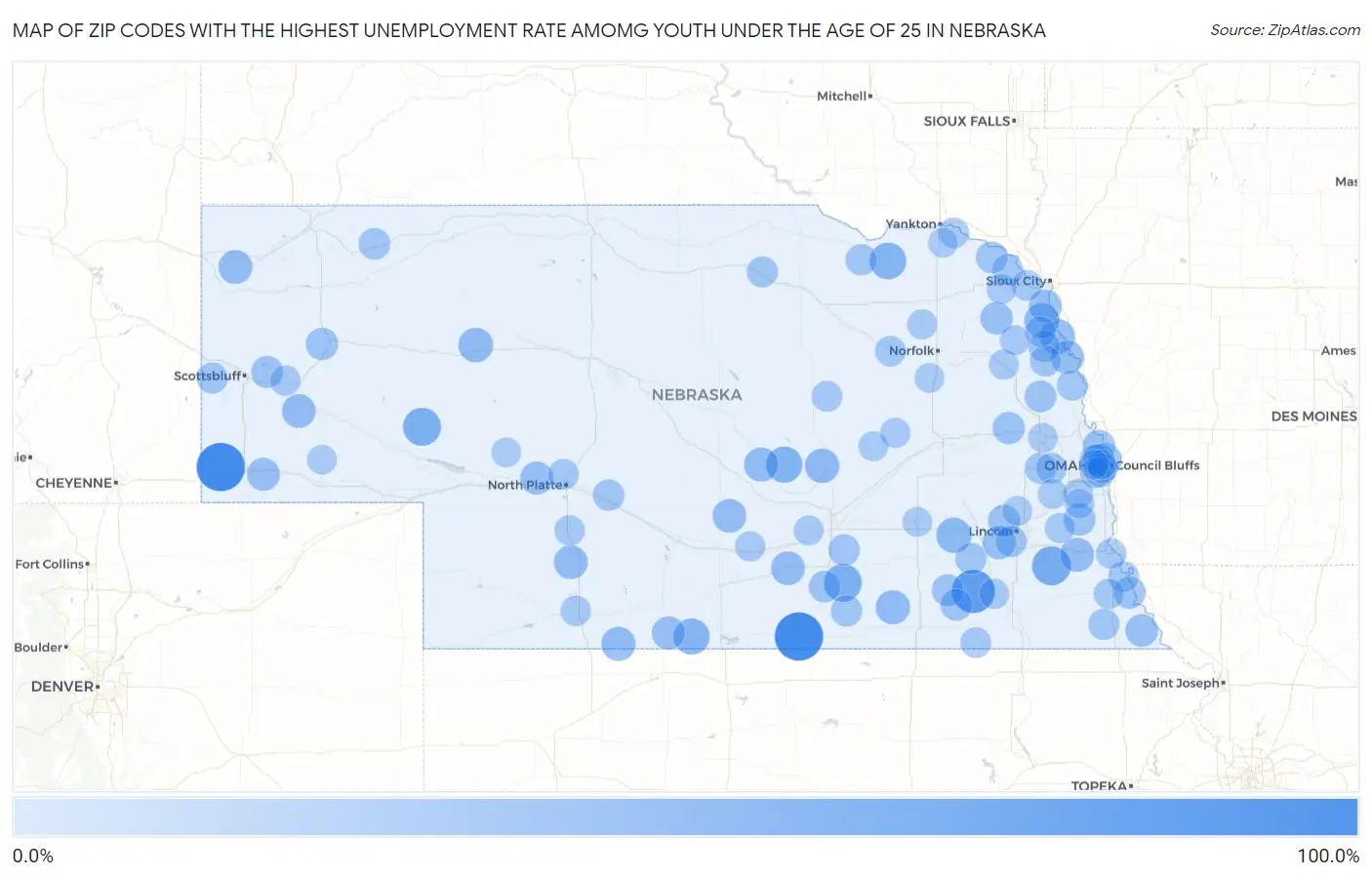 Zip Codes with the Highest Unemployment Rate Amomg Youth Under the Age of 25 in Nebraska Map
