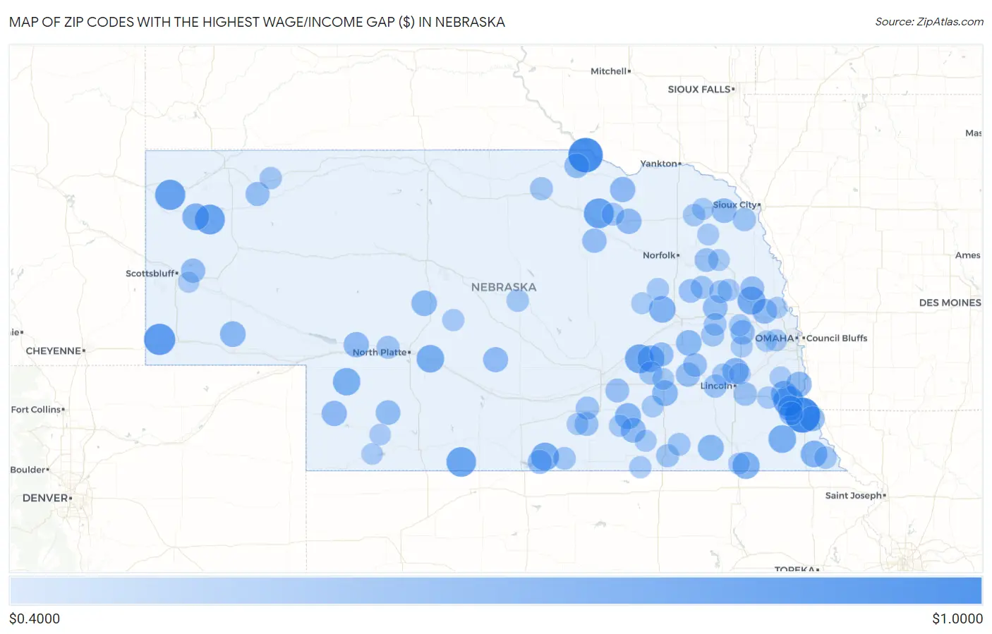 Zip Codes with the Highest Wage/Income Gap ($) in Nebraska Map