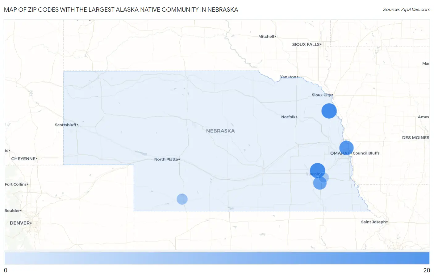 Zip Codes with the Largest Alaska Native Community in Nebraska Map
