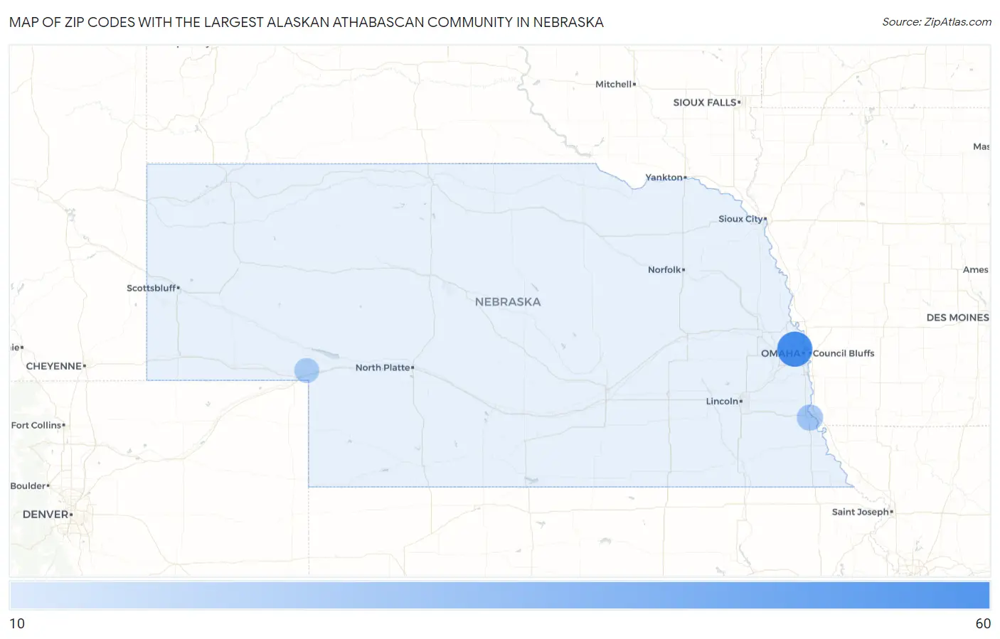 Zip Codes with the Largest Alaskan Athabascan Community in Nebraska Map