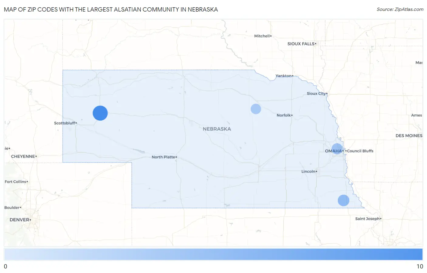 Zip Codes with the Largest Alsatian Community in Nebraska Map