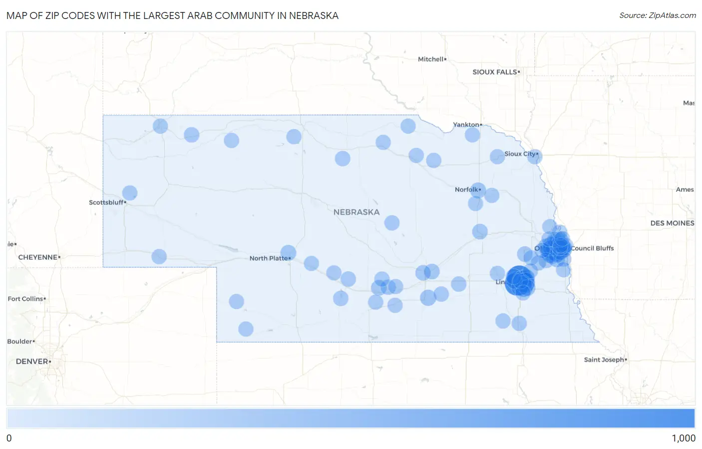 Zip Codes with the Largest Arab Community in Nebraska Map