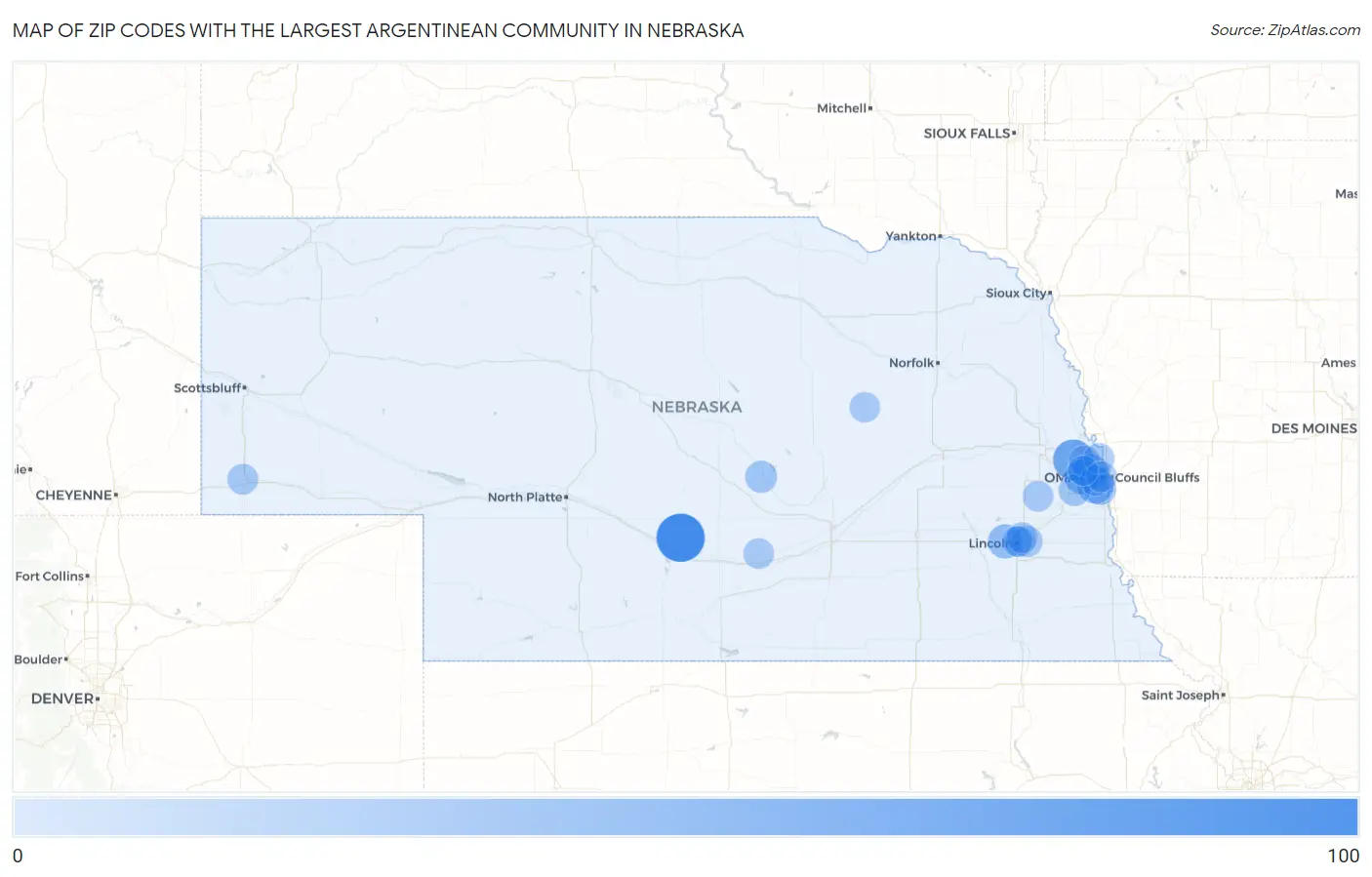 Zip Codes with the Largest Argentinean Community in Nebraska Map