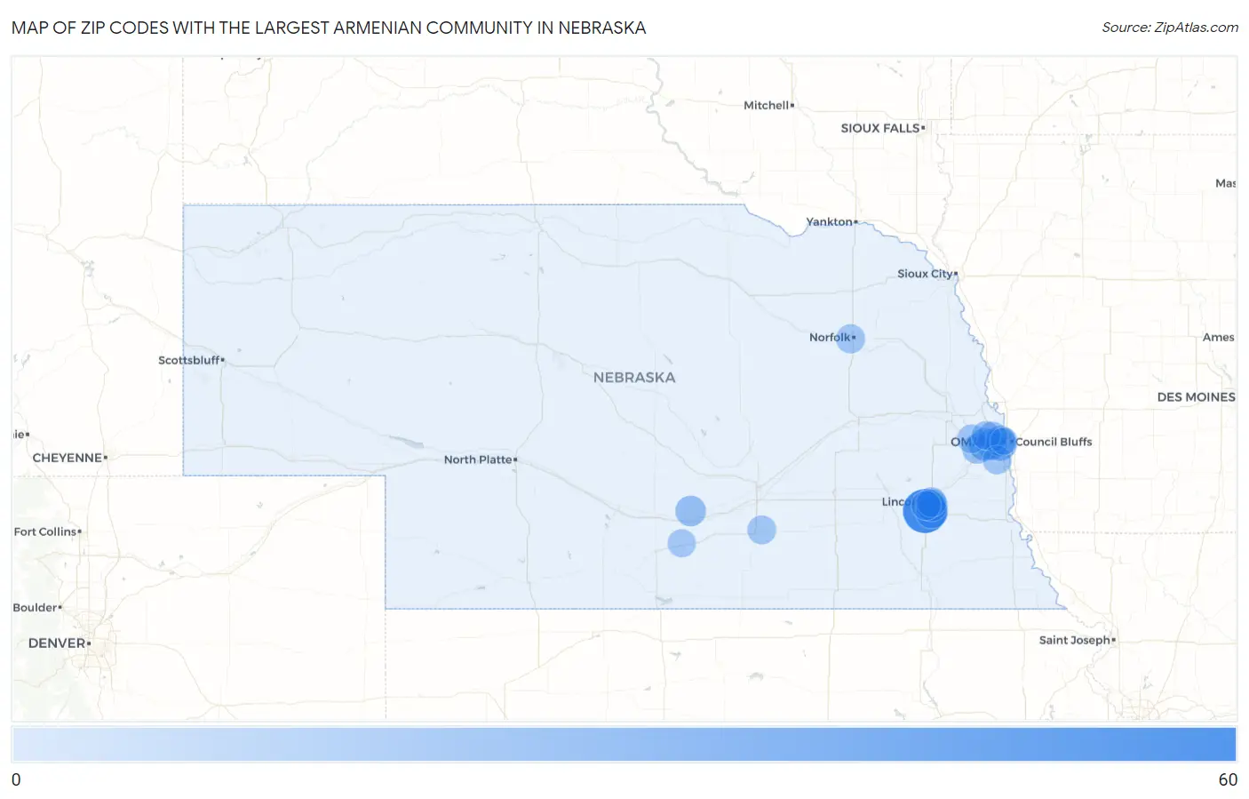 Zip Codes with the Largest Armenian Community in Nebraska Map