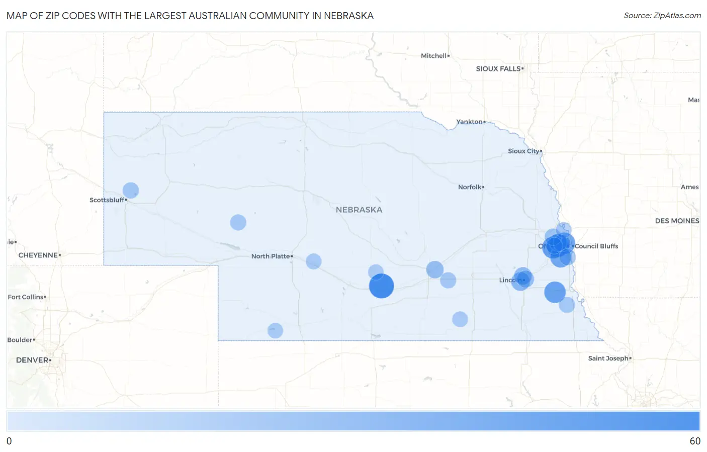 Zip Codes with the Largest Australian Community in Nebraska Map