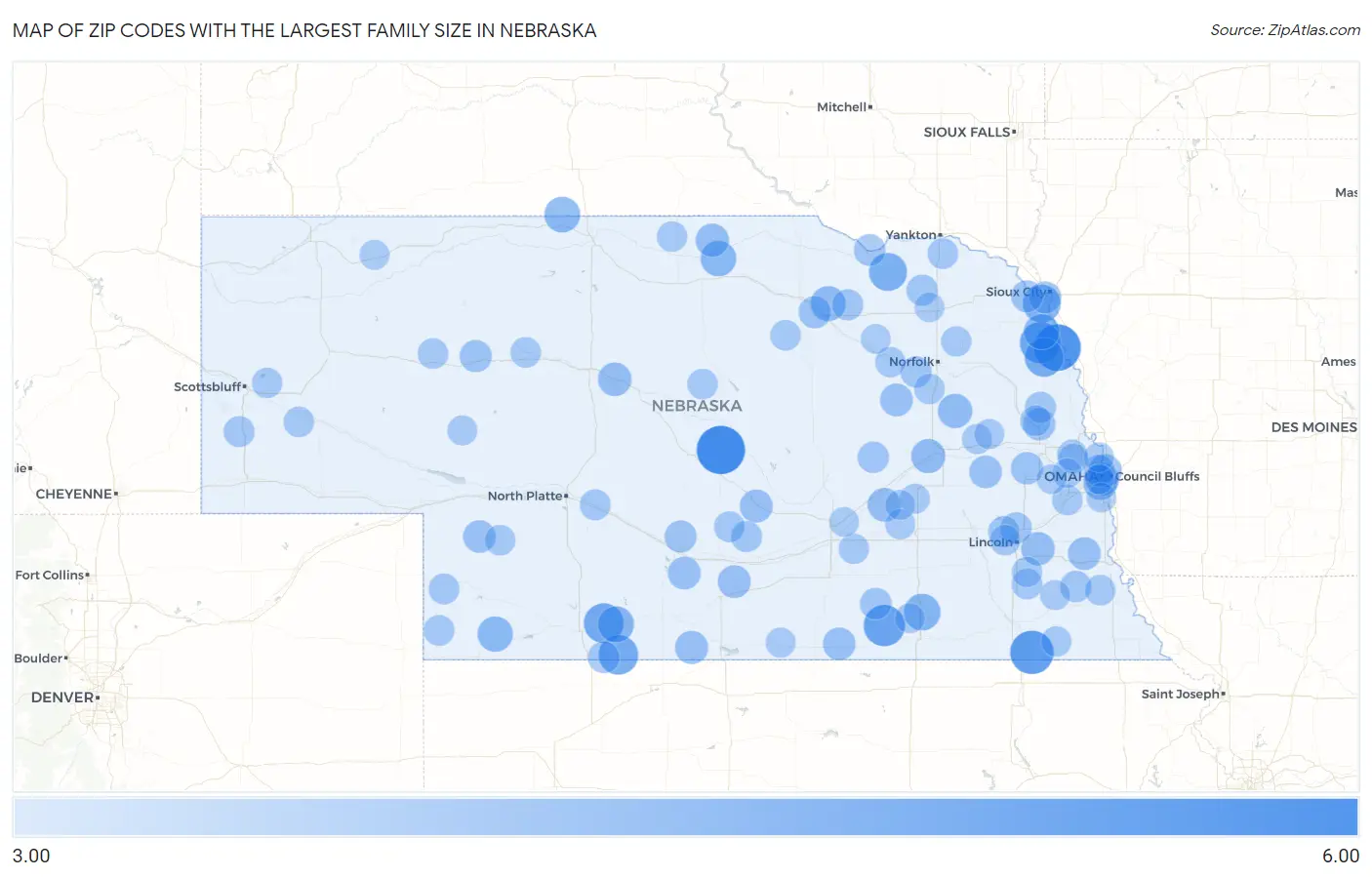 Zip Codes with the Largest Family Size in Nebraska Map