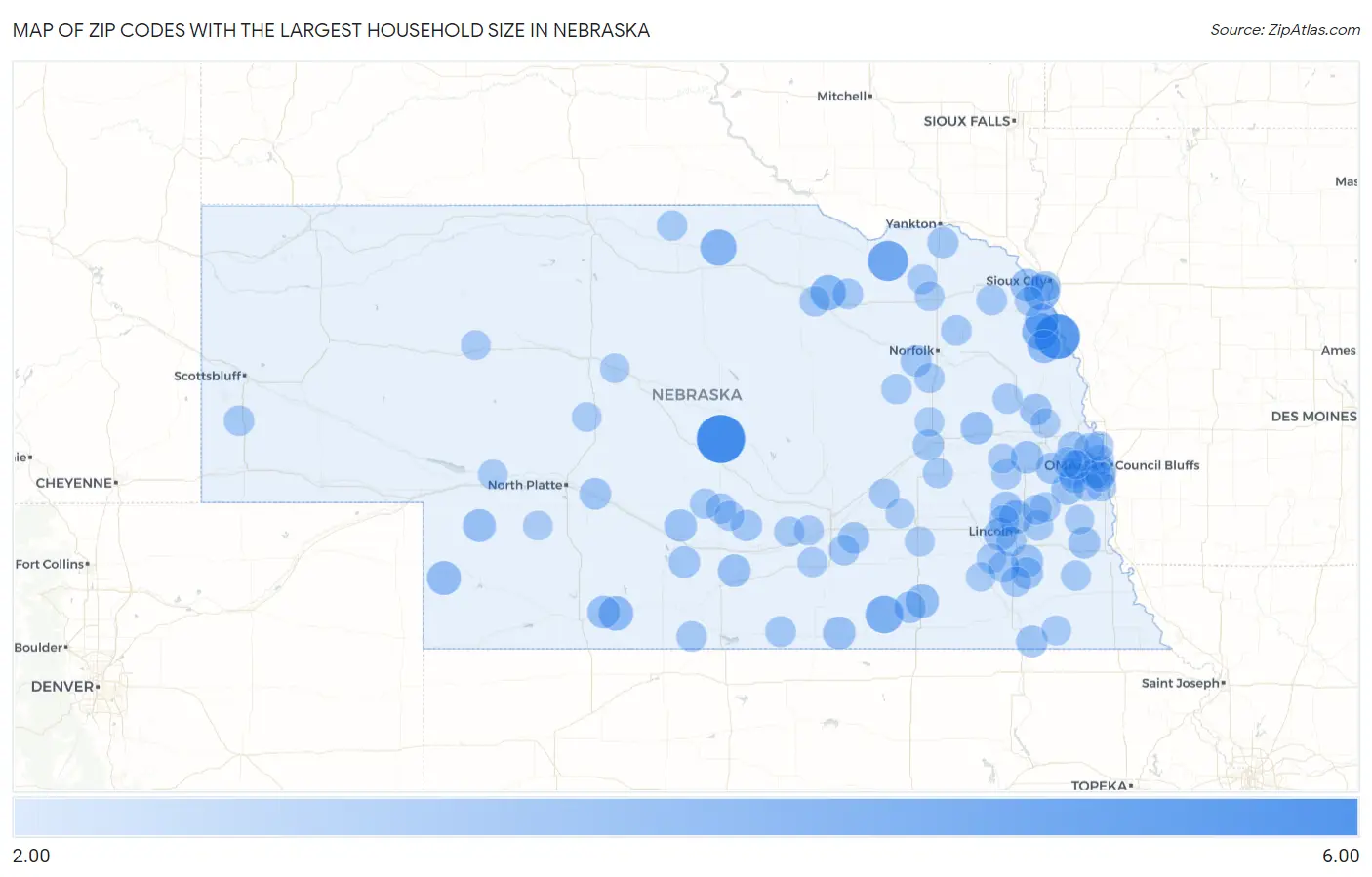 Zip Codes with the Largest Household Size in Nebraska Map