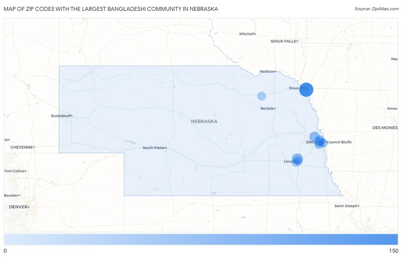 Zip Codes with the Largest Bangladeshi Community in Nebraska Map