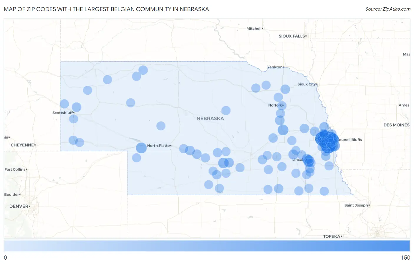 Zip Codes with the Largest Belgian Community in Nebraska Map