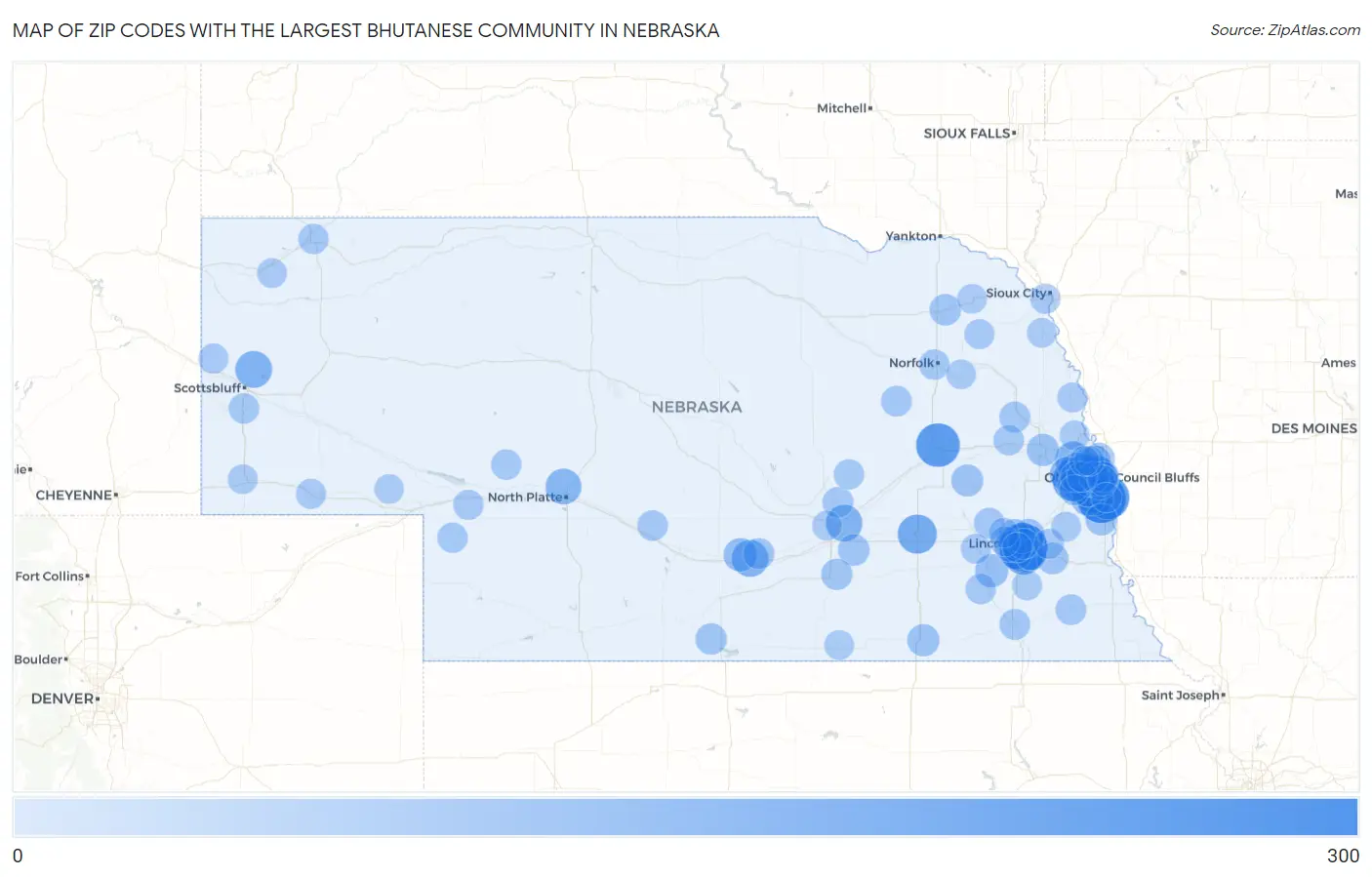 Zip Codes with the Largest Bhutanese Community in Nebraska Map