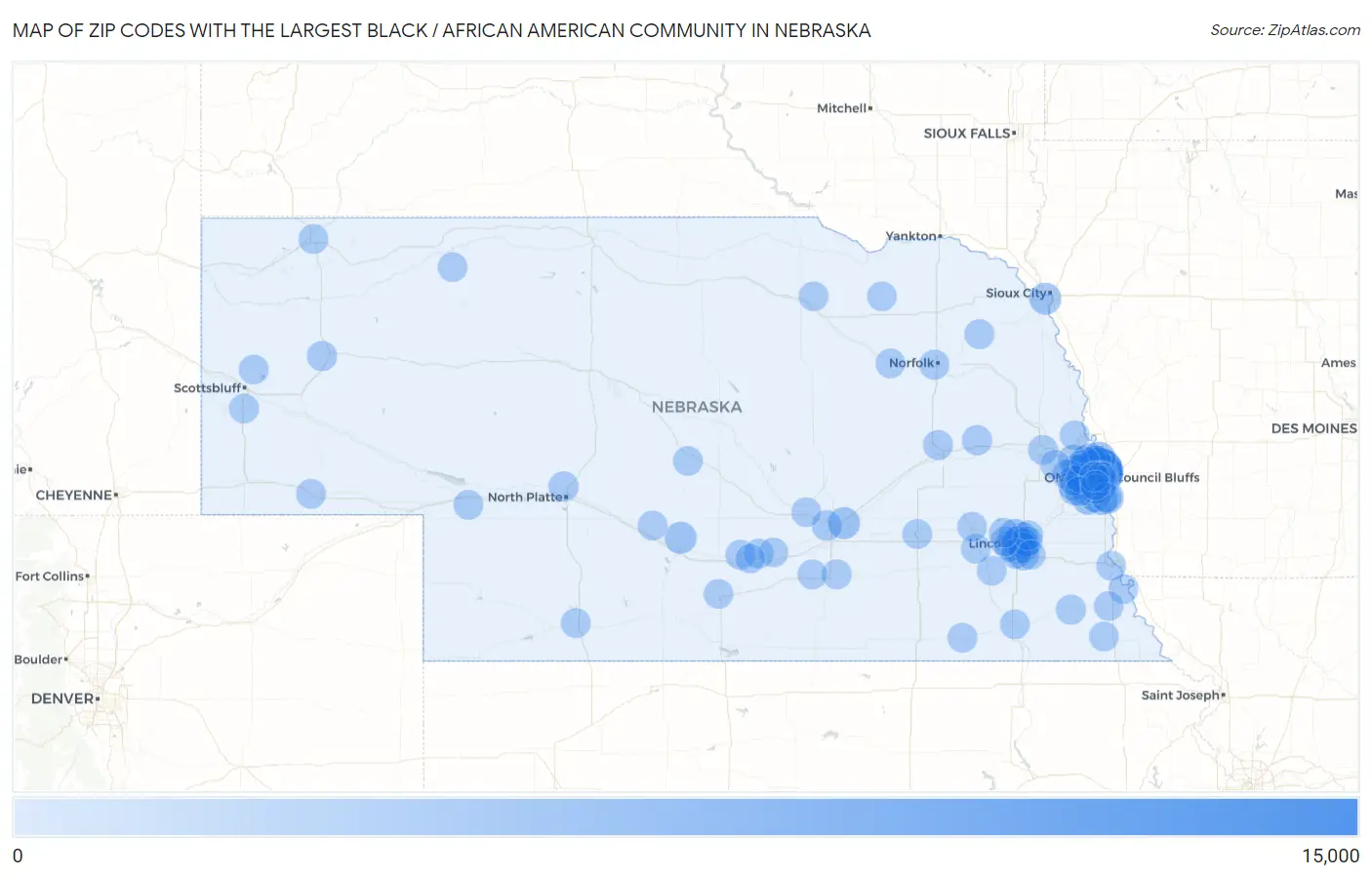 Zip Codes with the Largest Black / African American Community in Nebraska Map