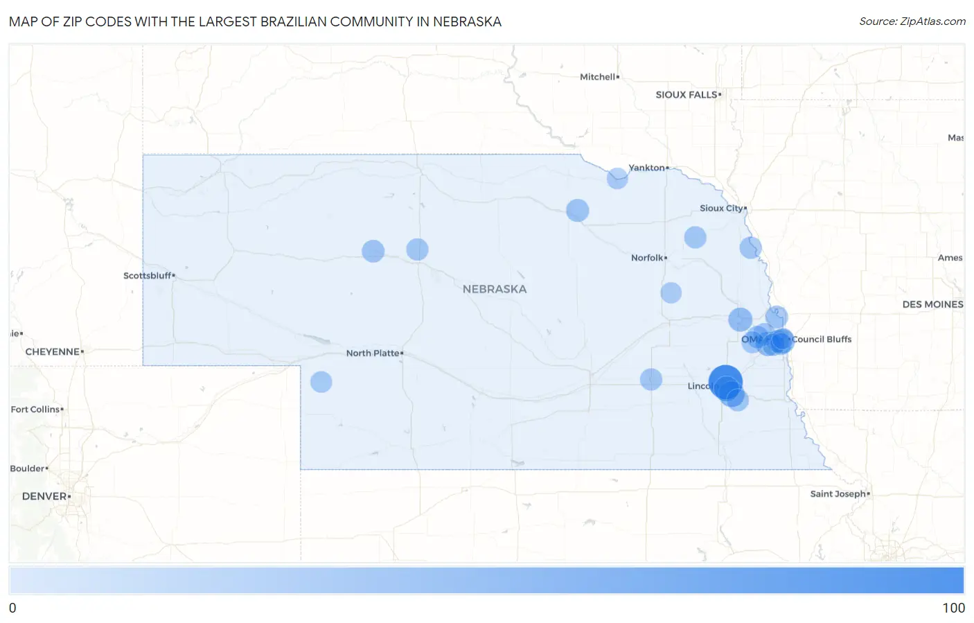 Zip Codes with the Largest Brazilian Community in Nebraska Map