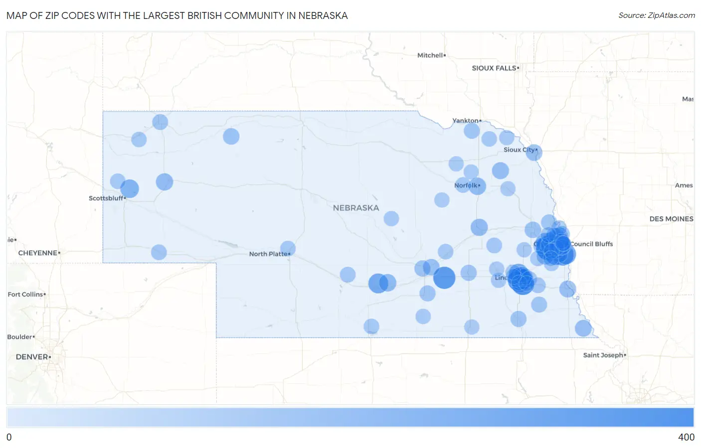 Zip Codes with the Largest British Community in Nebraska Map