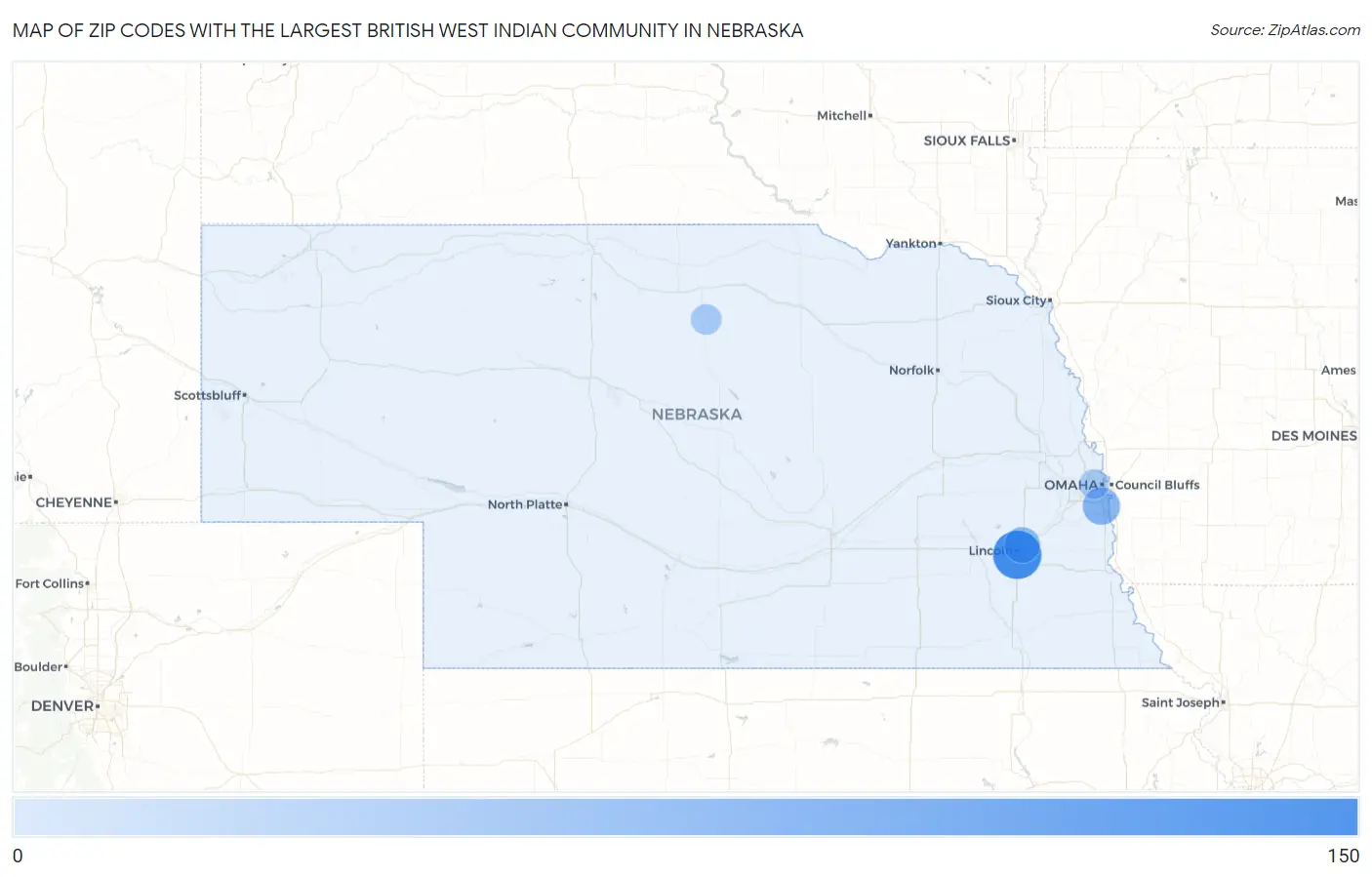 Zip Codes with the Largest British West Indian Community in Nebraska Map