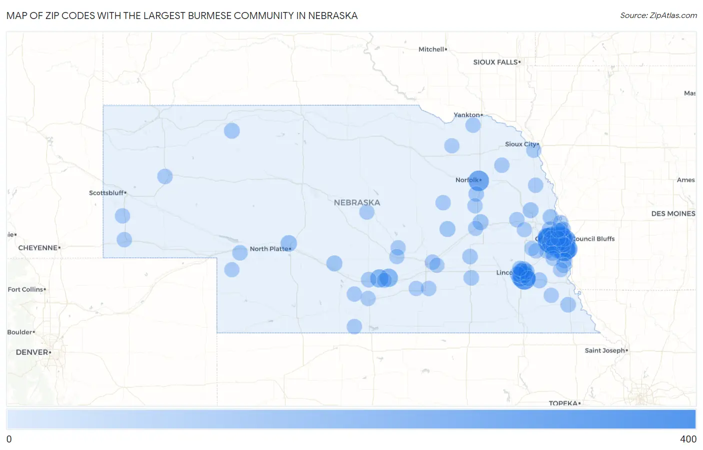 Zip Codes with the Largest Burmese Community in Nebraska Map