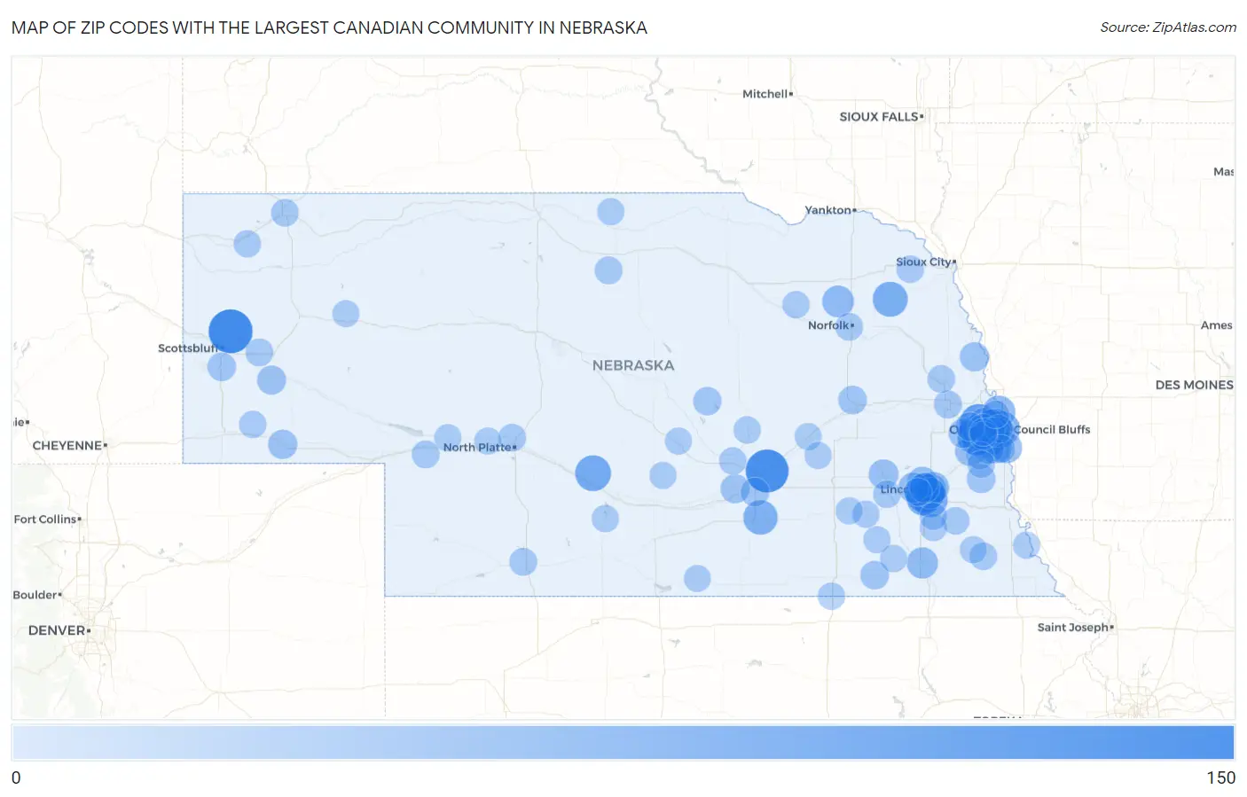 Zip Codes with the Largest Canadian Community in Nebraska Map