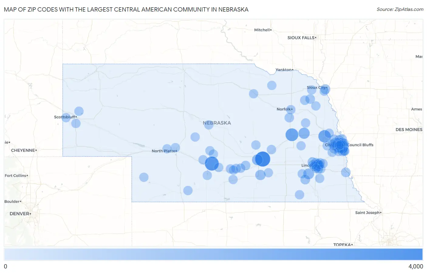 Zip Codes with the Largest Central American Community in Nebraska Map