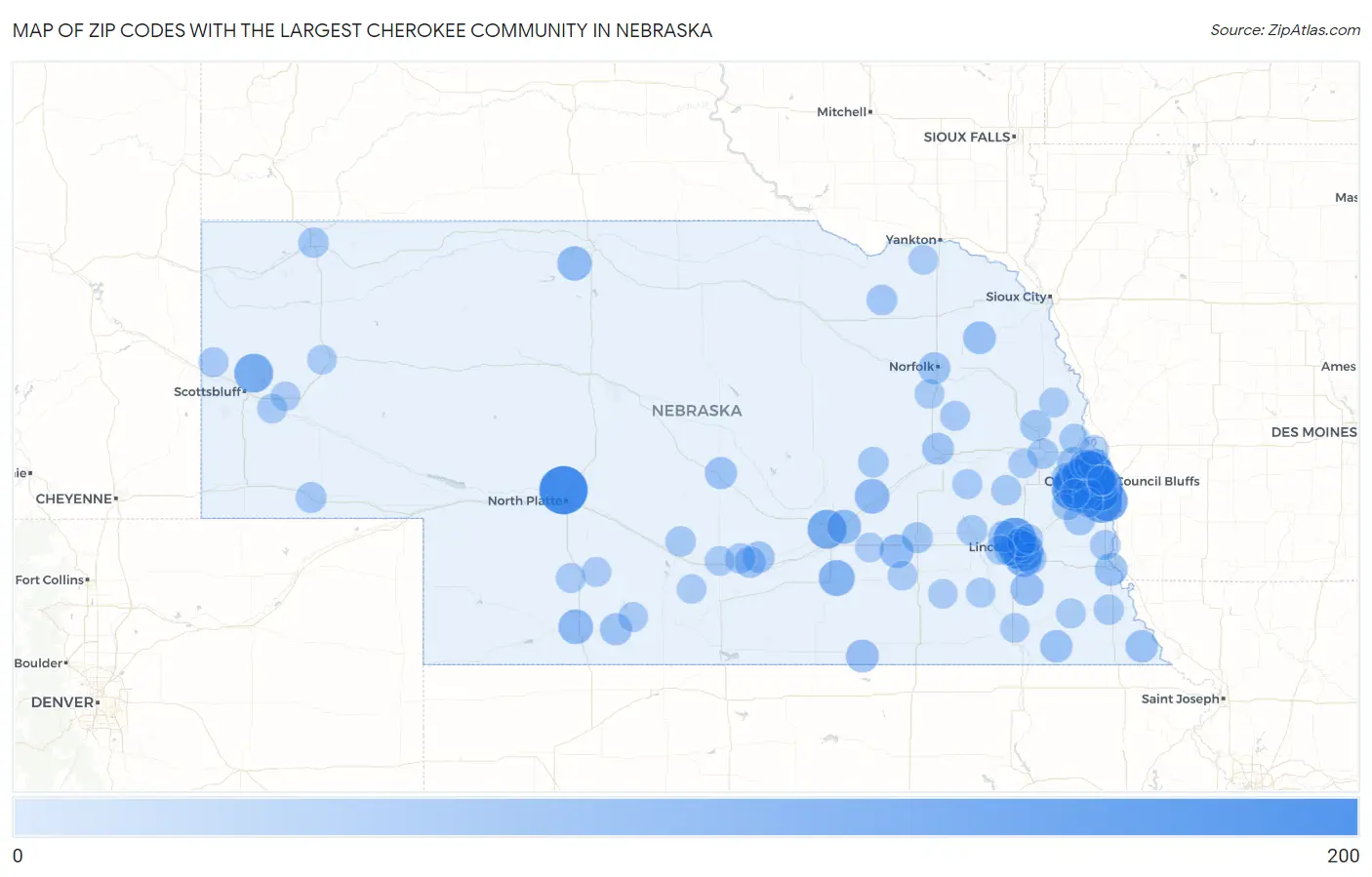 Zip Codes with the Largest Cherokee Community in Nebraska Map