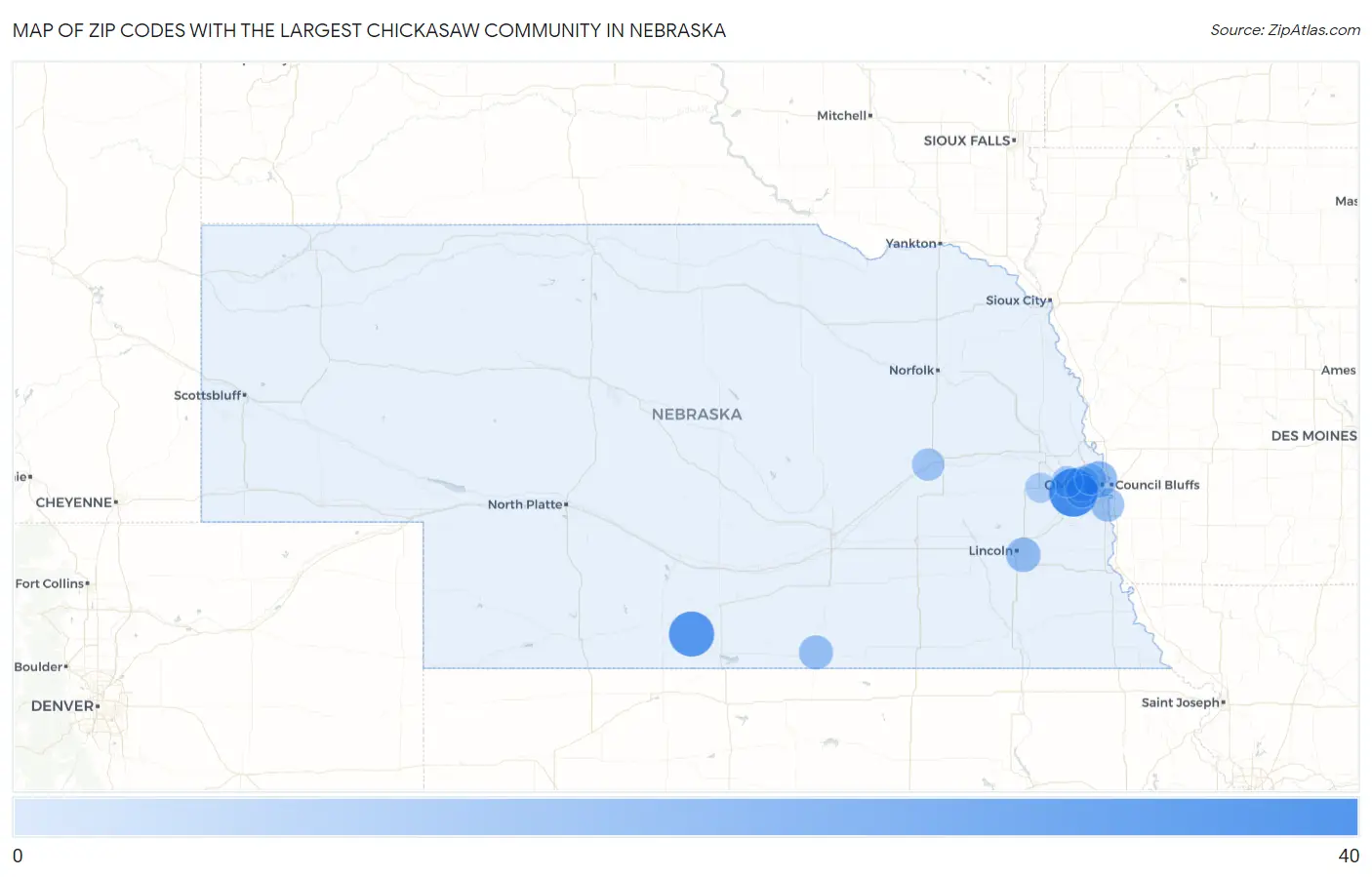 Zip Codes with the Largest Chickasaw Community in Nebraska Map