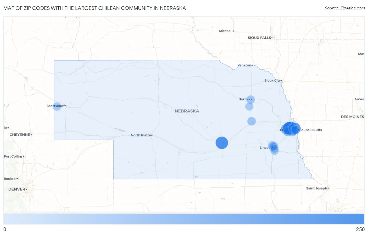 Zip Codes with the Largest Chilean Community in Nebraska Map