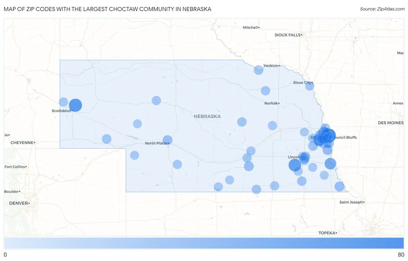 Zip Codes with the Largest Choctaw Community in Nebraska Map