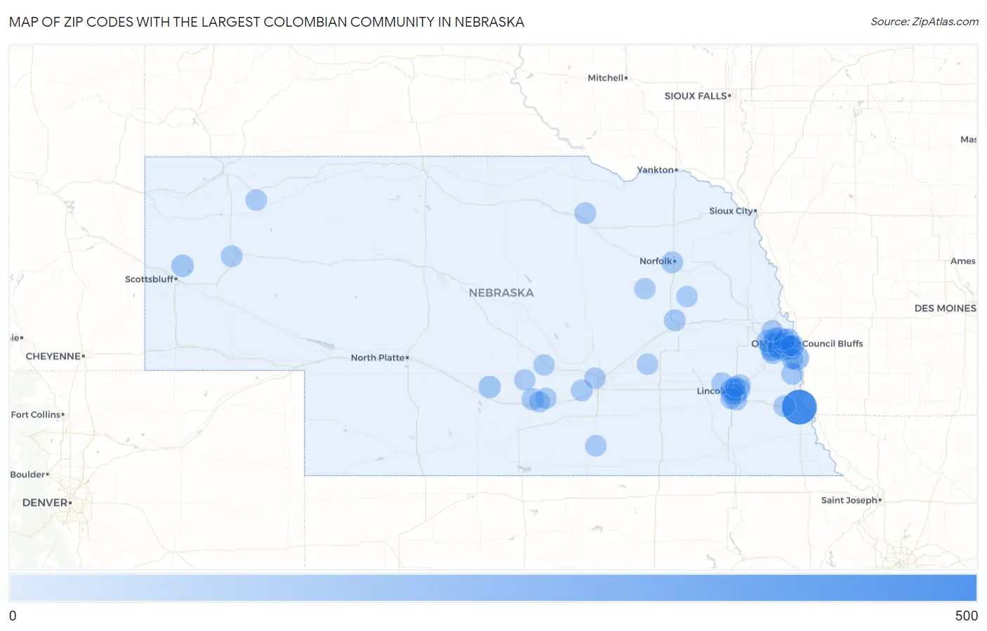 Zip Codes with the Largest Colombian Community in Nebraska Map