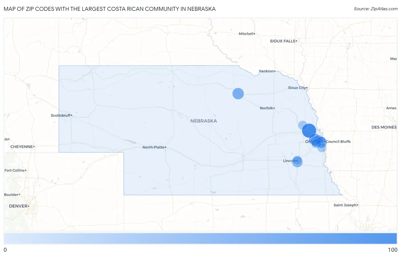Zip Codes with the Largest Costa Rican Community in Nebraska Map