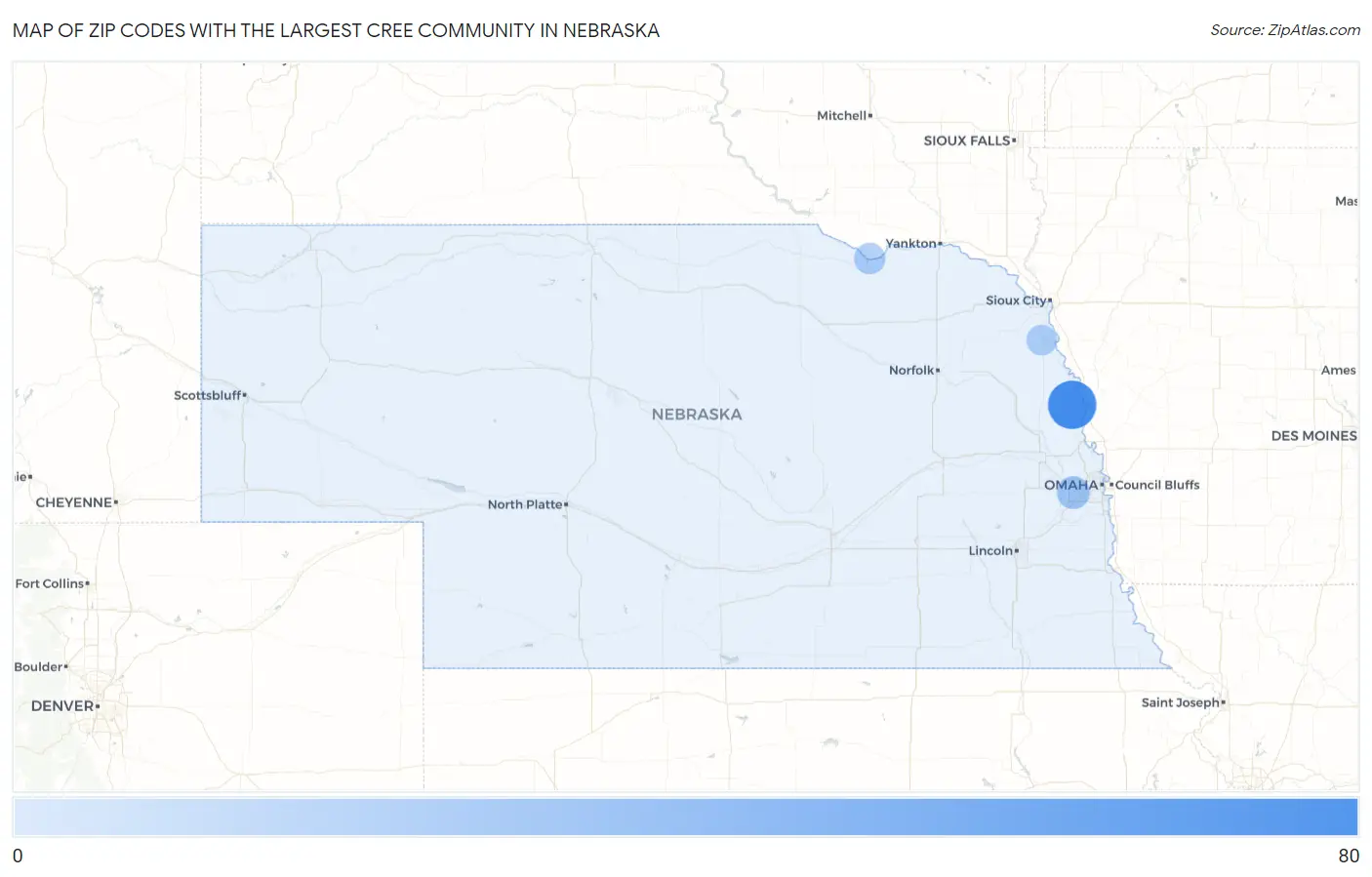 Zip Codes with the Largest Cree Community in Nebraska Map