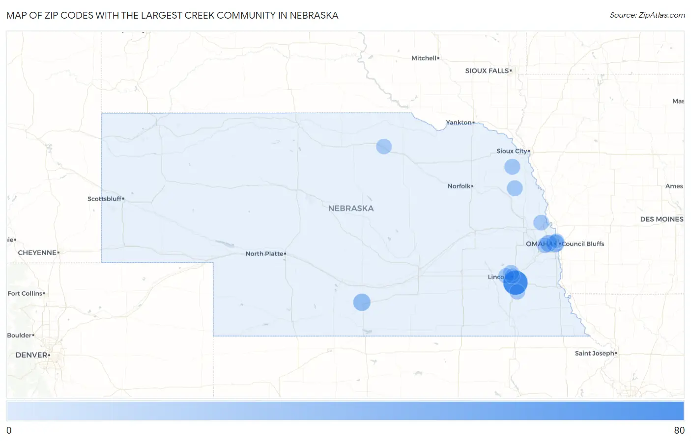 Zip Codes with the Largest Creek Community in Nebraska Map