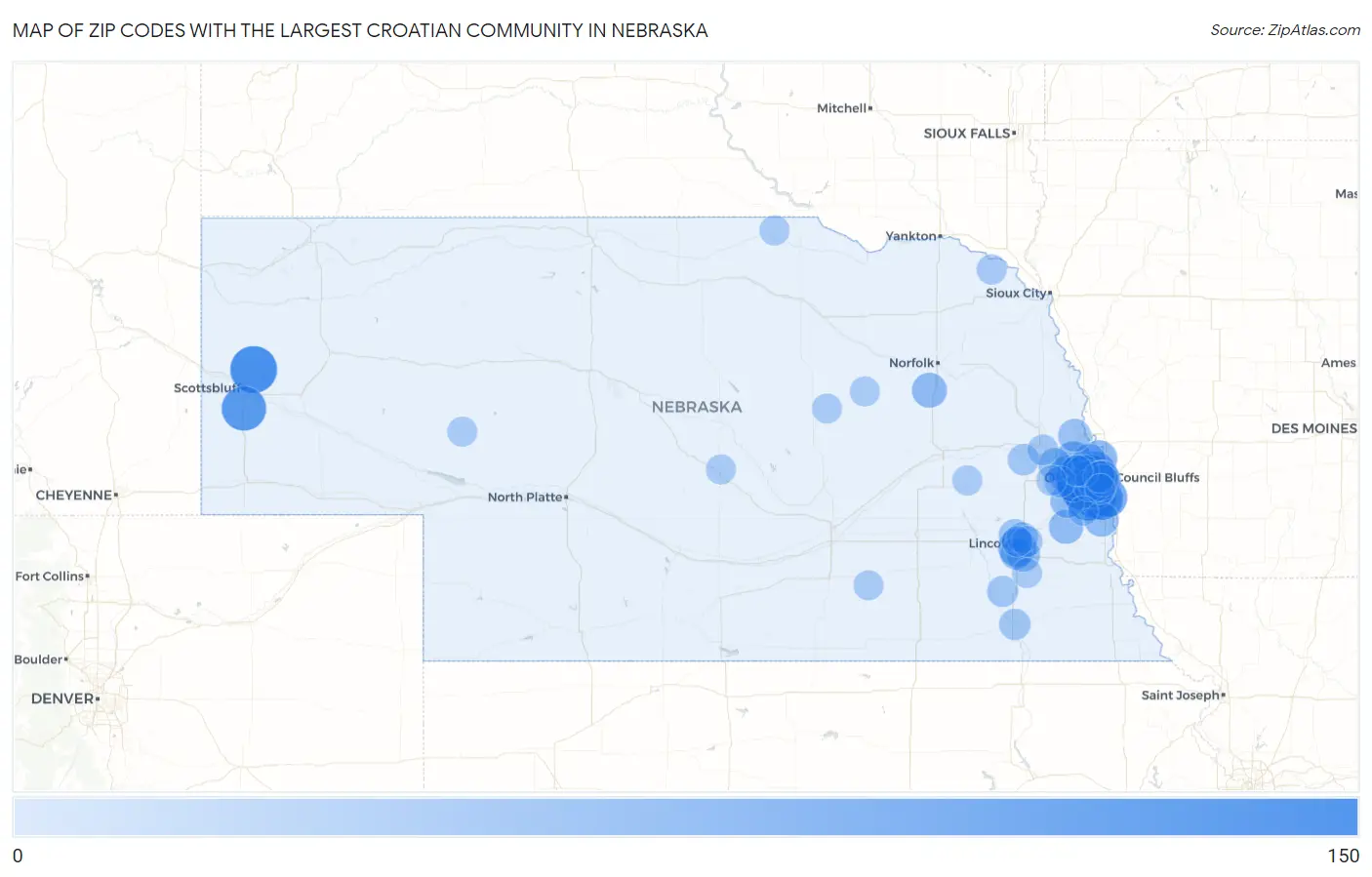 Zip Codes with the Largest Croatian Community in Nebraska Map